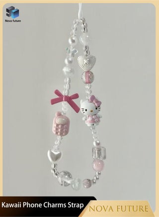 Kawaii Beaded  Phone Charms Strap Cute Telephone Kitten Phone Lanyard Wrist Strap